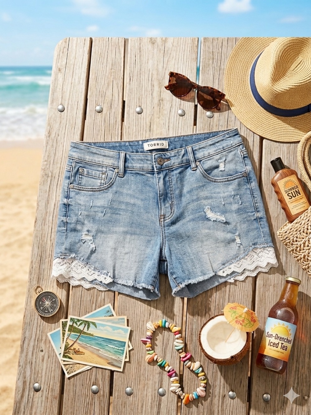torrid Light Blue Distressed Denim Shorts with White Lace Trim